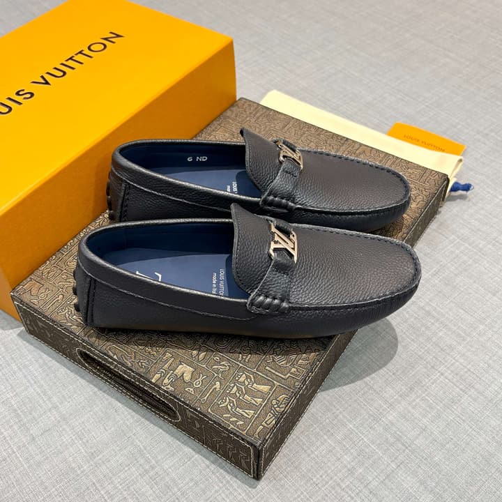Louis Vuitton Men's Grained Leather Driving Shoes in Dark Gunmetal Hardware