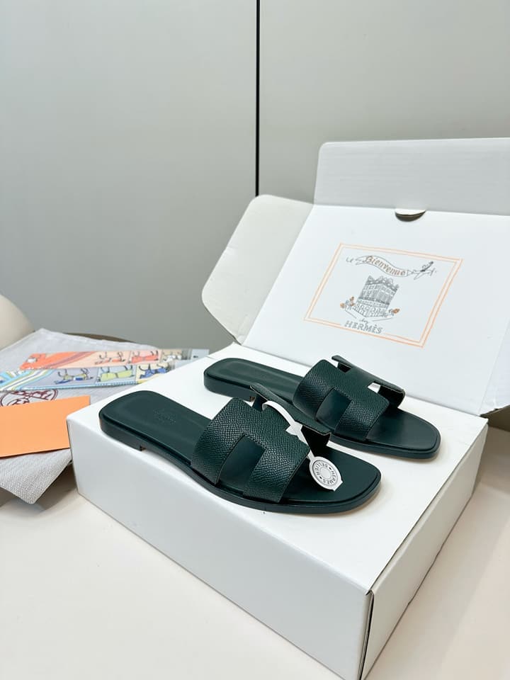Hermès Palm Grain H-Slides in Bright Green