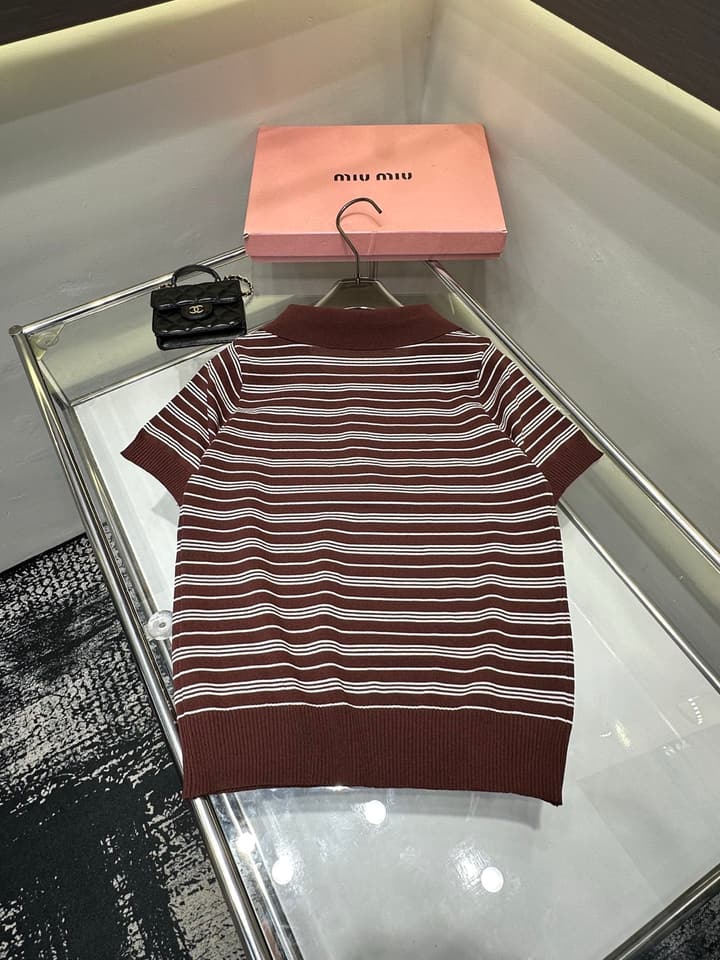 Miu Miu Embroidered Striped Knit Polo Shirt in Brown