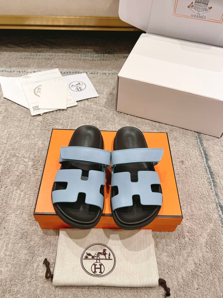 Hermès Chypre Suede Unisex Slides in Black With Dark Blue Strap