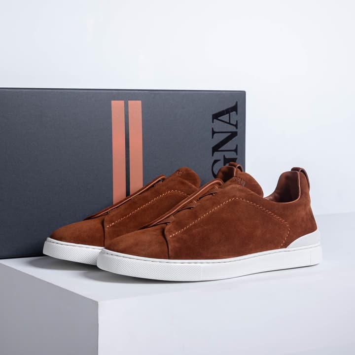 Zegna SECONDSKIN Triple Stitch Low-Top Sneakers in Navy Smooth Leather