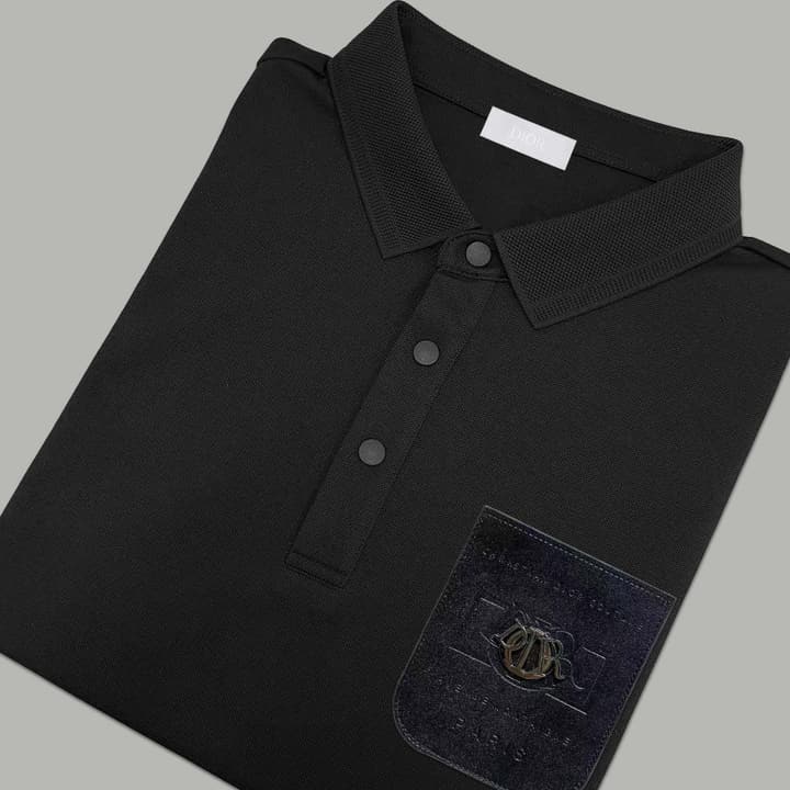 Dior Silk Long Sleeve Polo Shirt with Metal Patch in White With Solid Pocket