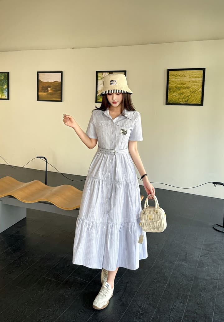 Miu Miu Striped Short-Sleeve Tiered Dress – Spring/Summer Collection in Light Blue
