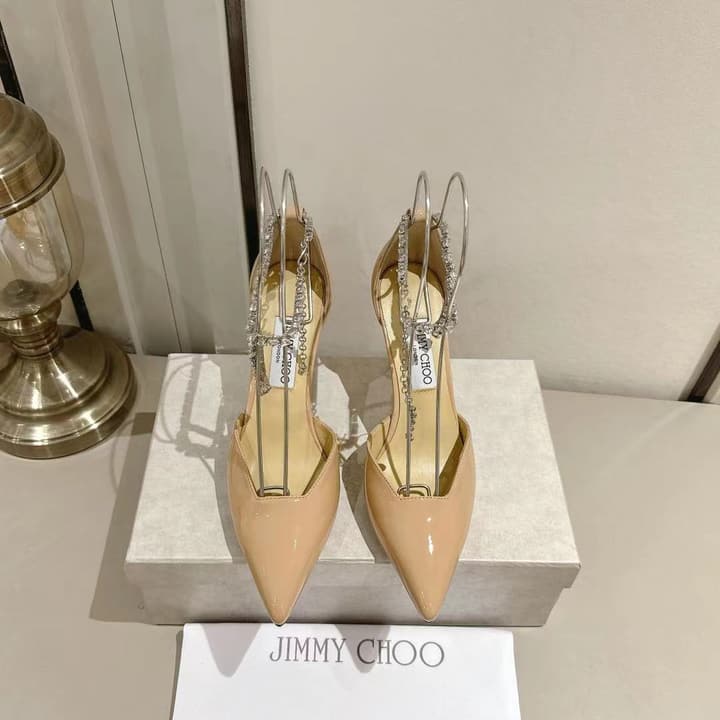 Jimmy Choo Rhinestone Cross-Strap Kitten Heels – 2025 Spring/Summer Collection in Nude Patent Leather