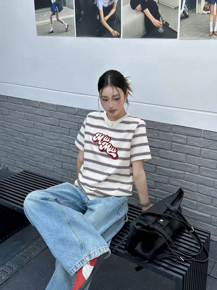 Miu Miu Embroidered Striped T-Shirt in Cream Striped