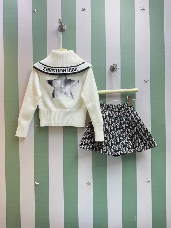 Dior Girl's Knitted Jacket and Skirt Set – Kids Collection – 2025SS in White Sailor Knit & Monogram Skirt Set