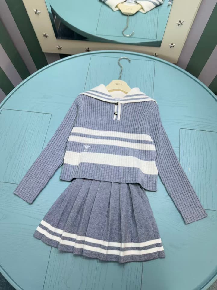 Dior Girls' Knit Cardigan and Skirt Set – 2025SS in Navy Blue With White Stripe