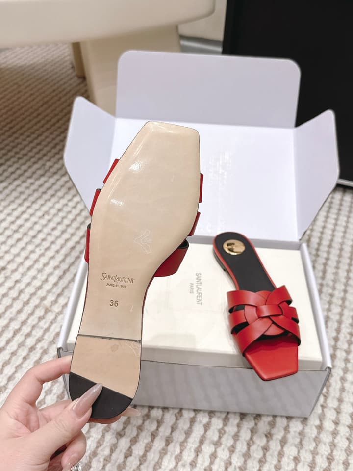 Saint Laurent Melody Square Toe Flat Sandals – 2026SS in Burgundy Patent
