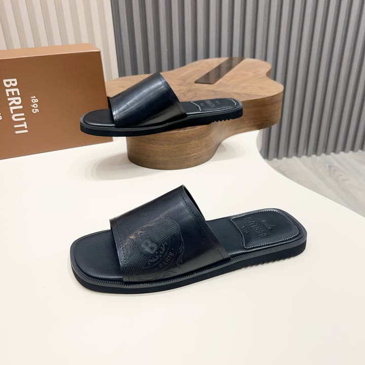 Berluti Hand-Painted Calfskin Slippers in Matte Black
