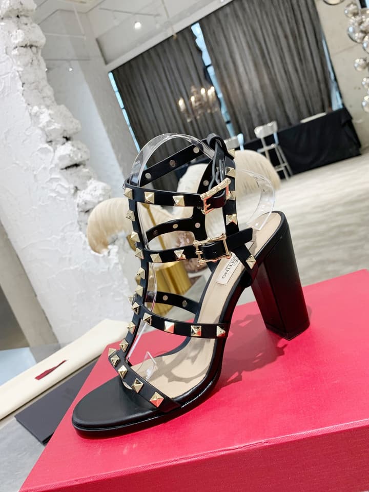 Valentino Studded Classic Block Heel Sandals in Black With Black Studs 6.5cm Heel
