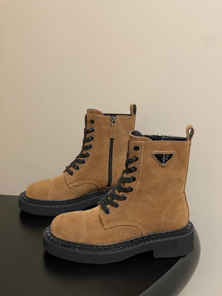 Prada Triangle Logo Combat Boots – 25SS in Black Suede