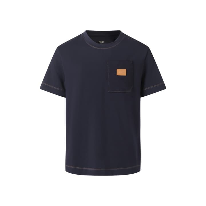 Fendi Leather Patch Short-Sleeve T-Shirt in Navy Blue