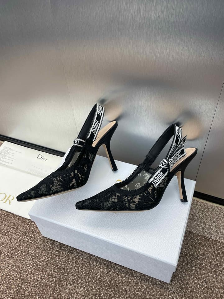 Dior J'Adior Oblique Jacquard Heeled Sandals – 2023 Spring/Summer Collection in Black Oblique Mesh 6.5cm Heel, Brightly Lit Front