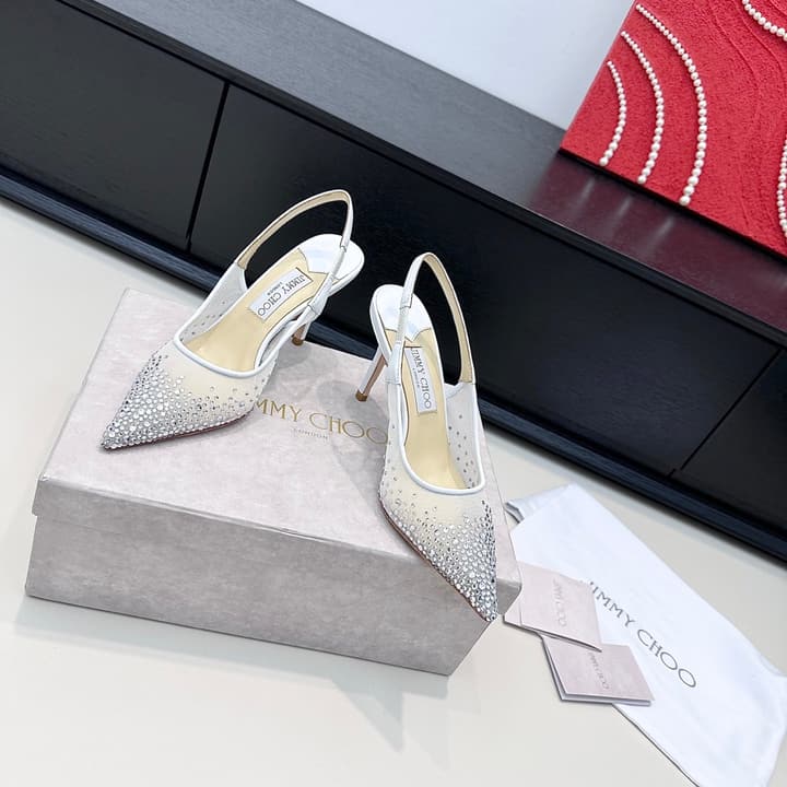 Jimmy Choo Mesh Rhinestone Slingback Heels – Spring/Summer Collection in Pure White