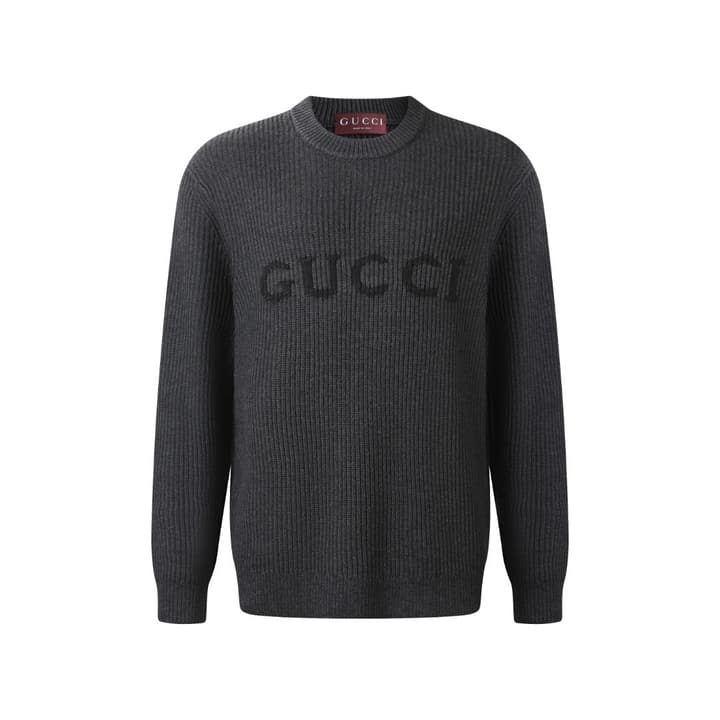 Gucci Wool Cashmere Blend Ribbed Knit Sweater in Dark Heathered Gray Knit