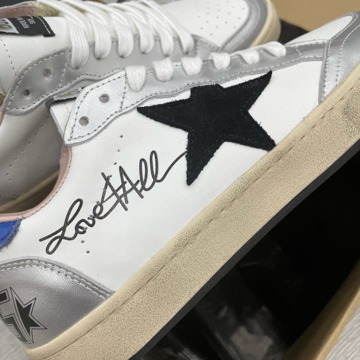 Golden Goose Ball Star Letter Graffiti Sneakers – 2023 Spring Collection in White Silver With Blue Heel And Black Star