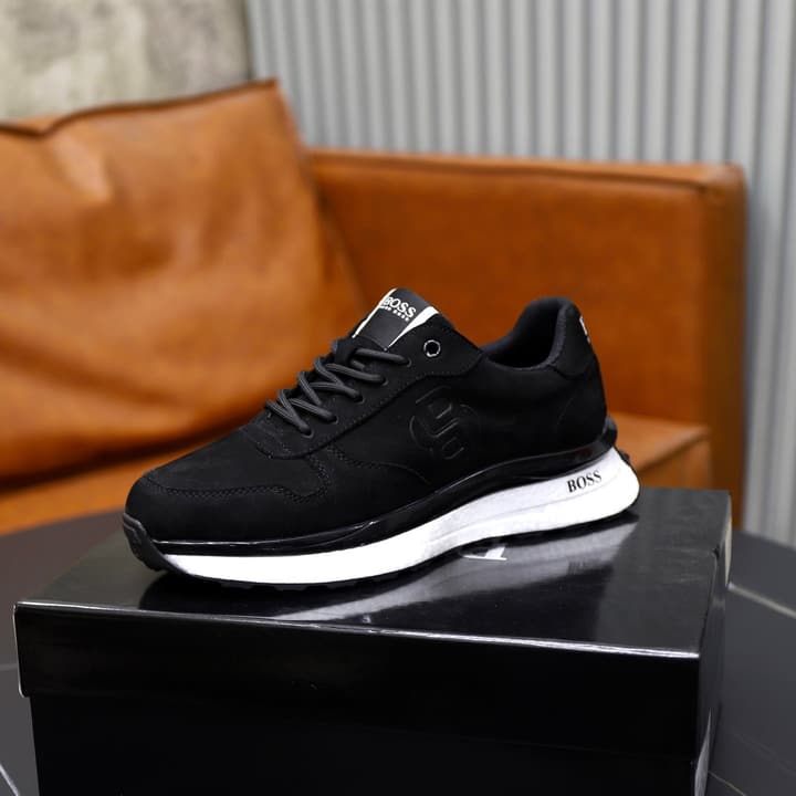 Boss Men's Luxury Running Sneakers in Black Mesh With White Sole
