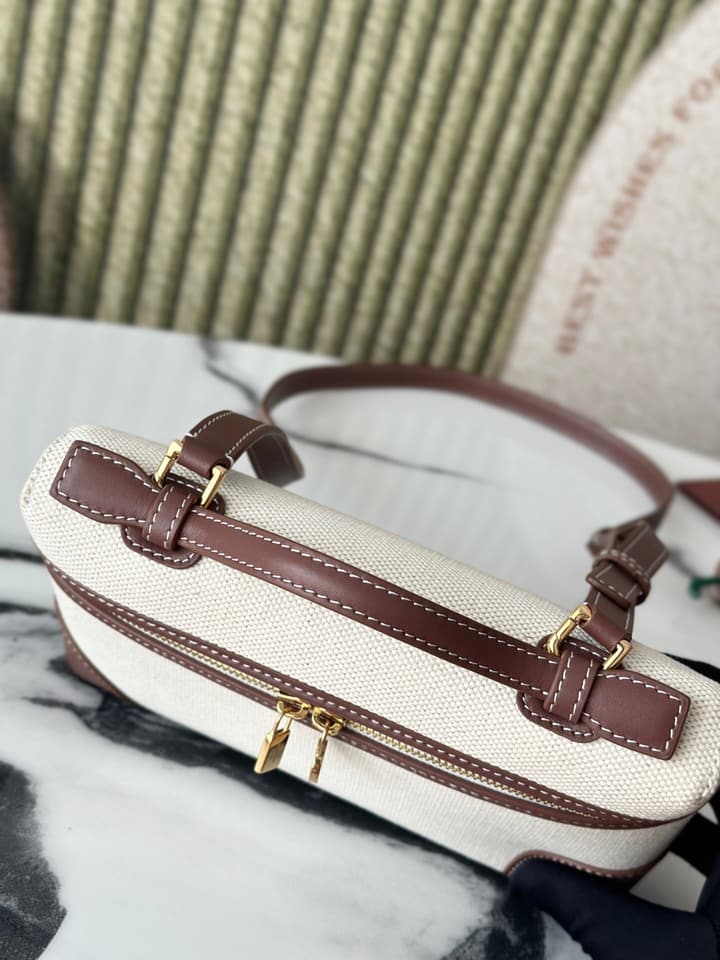 Loro Piana L19 Canvas Crossbody Bag – Spring/Summer Resort Collection in Beige Canvas With Burgundy Trim