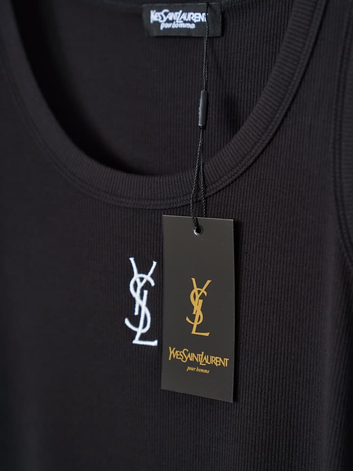 Saint Laurent YSL Embroidered Stretch Tank Top in Black