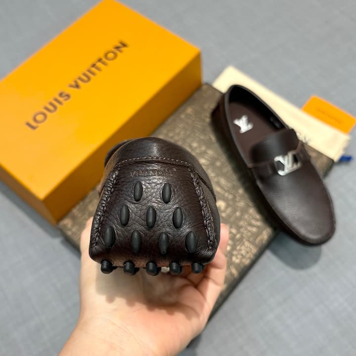 Louis Vuitton Men's Grained Leather Driving Shoes in Dark Gunmetal Hardware