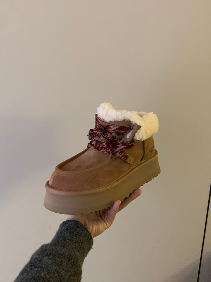 UGG Fluff Lace-Up Ankle Boots in Dark Blue With Gold Chain