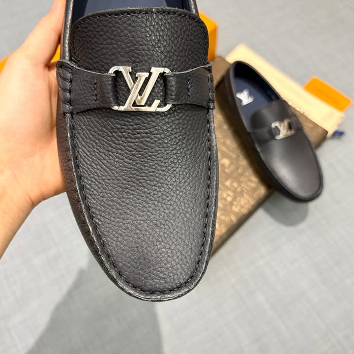 Louis Vuitton Men's Grained Leather Driving Shoes in Dark Gunmetal Hardware