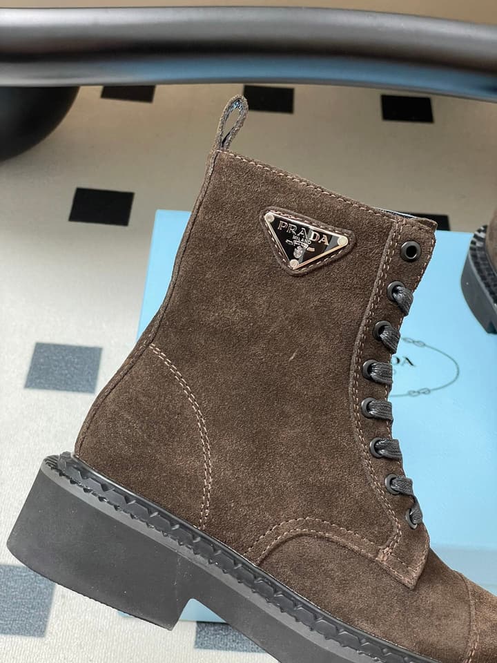 Prada Triangle Logo Combat Boots – 25SS in Black Suede