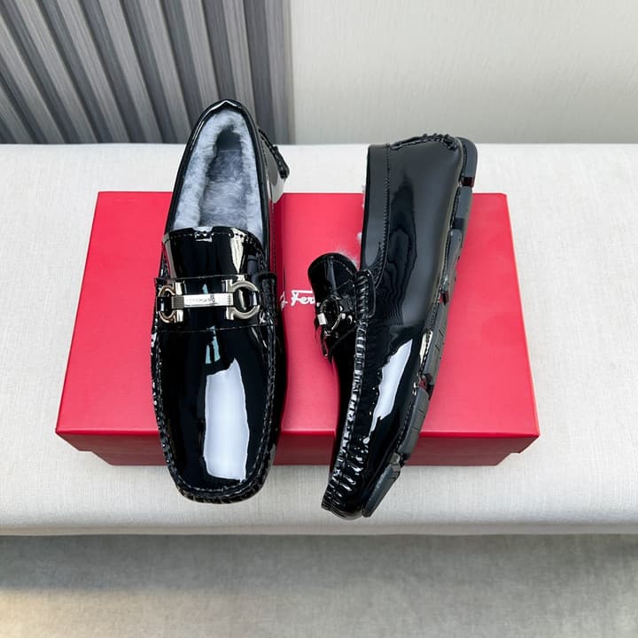 Ferragamo Imported Cowhide Fur-Lined Loafers in Black Patent Leather