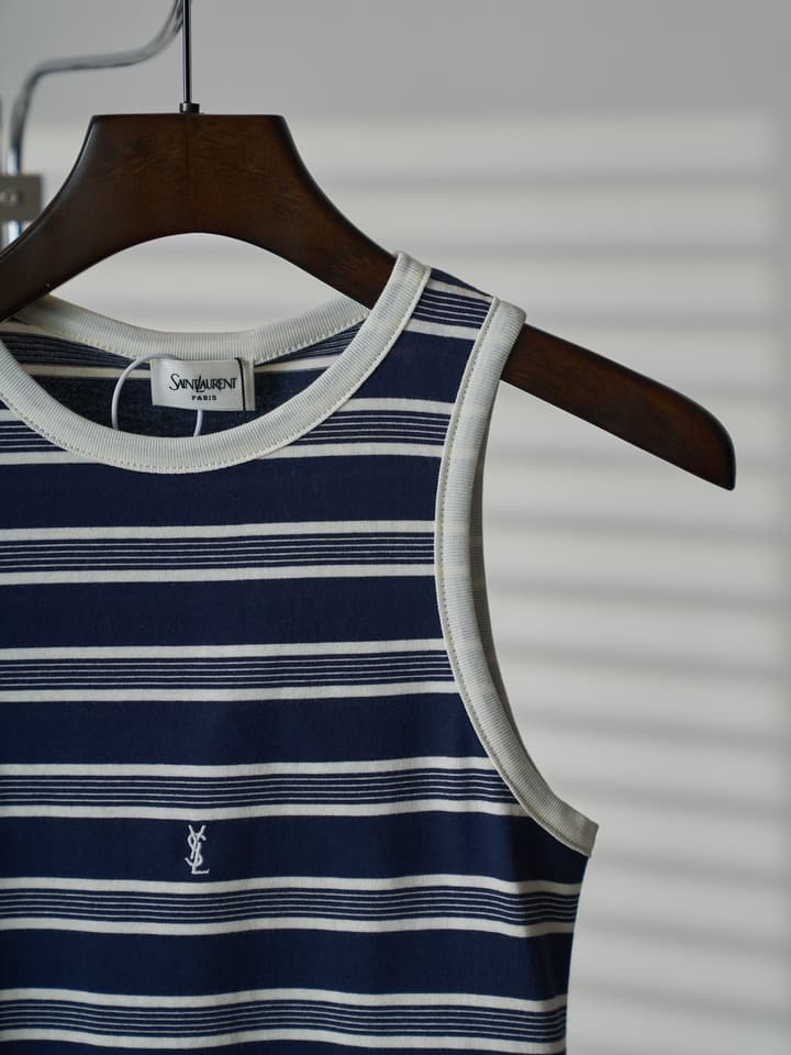 Saint Laurent YSL Embroidered Striped Tank Top in Navy Blue