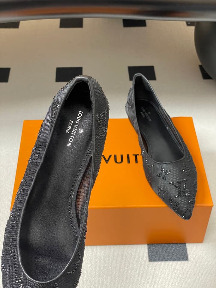 Louis Vuitton Mesh Crystal Pointed-Toe Flats – 25SS Summer Collection in Black Patterned