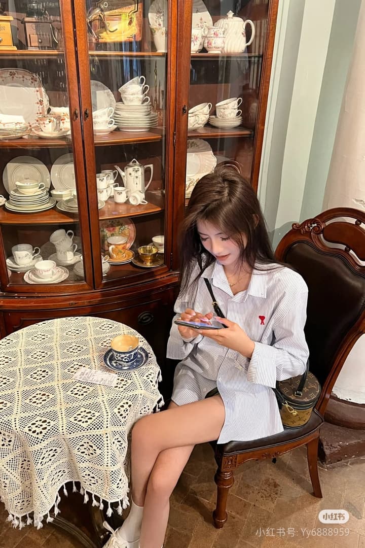 AMI Paris Small Heart Embroidered Striped Long Sleeve Shirt in Blue Stripe