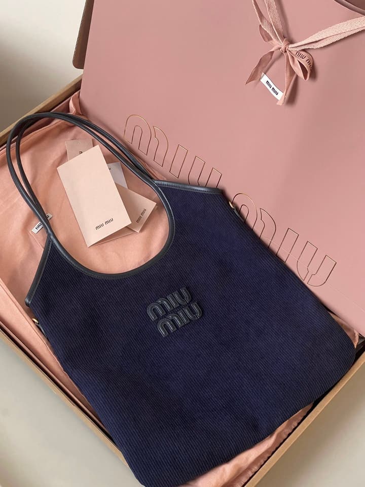 Miu Miu Corduroy Tote Bag in Navy Blue Corduroy Tote