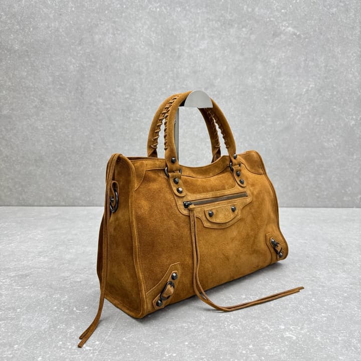 Balenciaga Le City Medium Suede Shoulder Bag in Caramel Suede