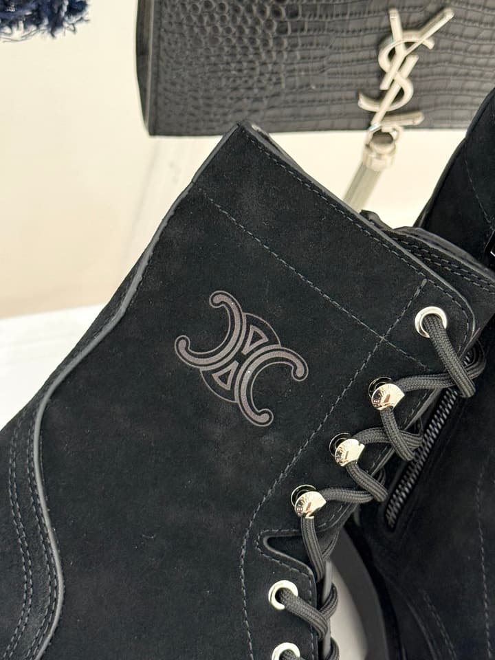Celine Classic Triomphe Platform Martin Boots in Black Leather