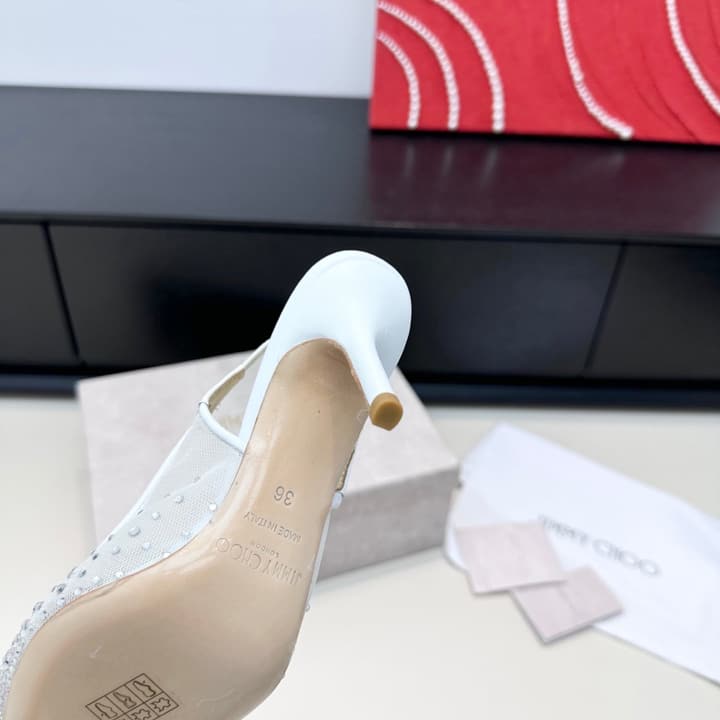 Jimmy Choo Mesh Rhinestone Slingback Heels – Spring/Summer Collection in Pure White