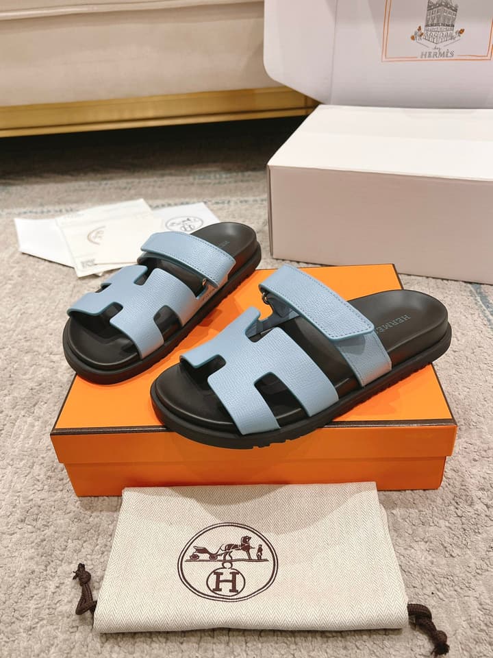 Hermès Chypre Suede Unisex Slides in Black With Dark Blue Strap