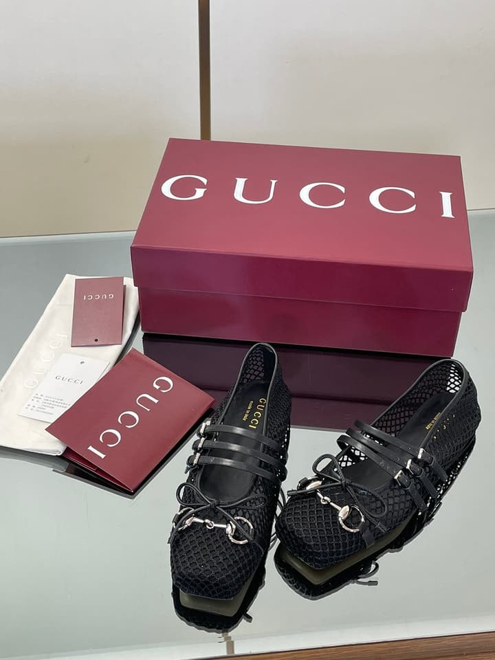 Gucci Horsebit Mesh Square-Toe Ballerina Flats – 25FW in Black Mesh