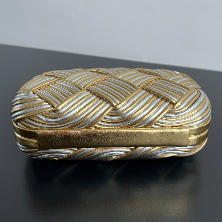 Bottega Veneta Kont Two-Tone Evening Clutch Bag in Gold And Silver Woven Leather