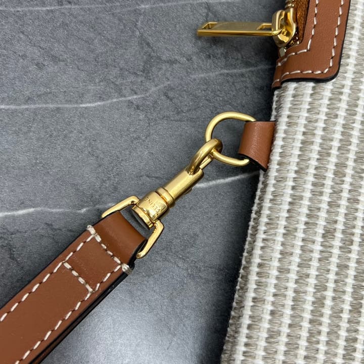 Celine Striped Woven Clutch Bag in Striped Canvas With Brown Logo
