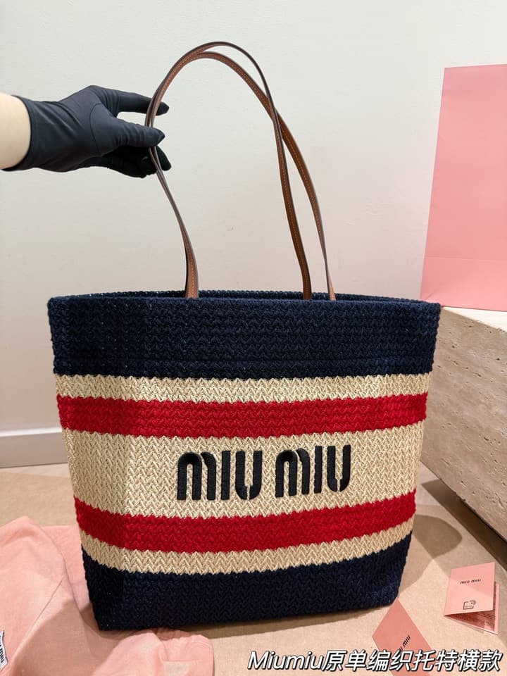 Miu Miu Striped Canvas Tote Bag Collection in Orange And Green Striped Horizontal Tote