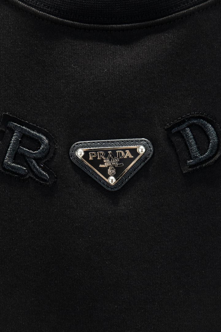 Prada Oversize Heavyweight Embroidered Sweatshirt in Black Crewneck