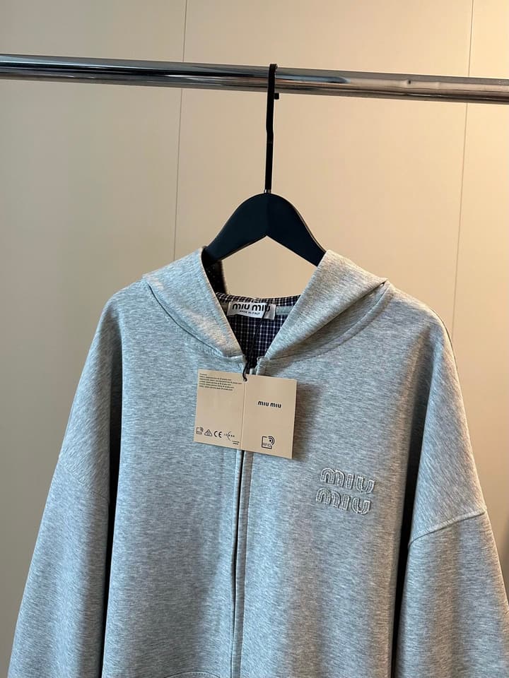 Miu Miu Heavy Patch Logo Plaid Hooded Zip Jacket