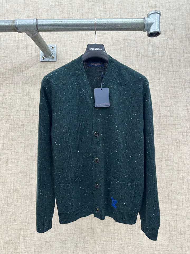 Louis Vuitton Speckled Cashmere V-Neck Cardigan in Deep Green Speckled Cashmere