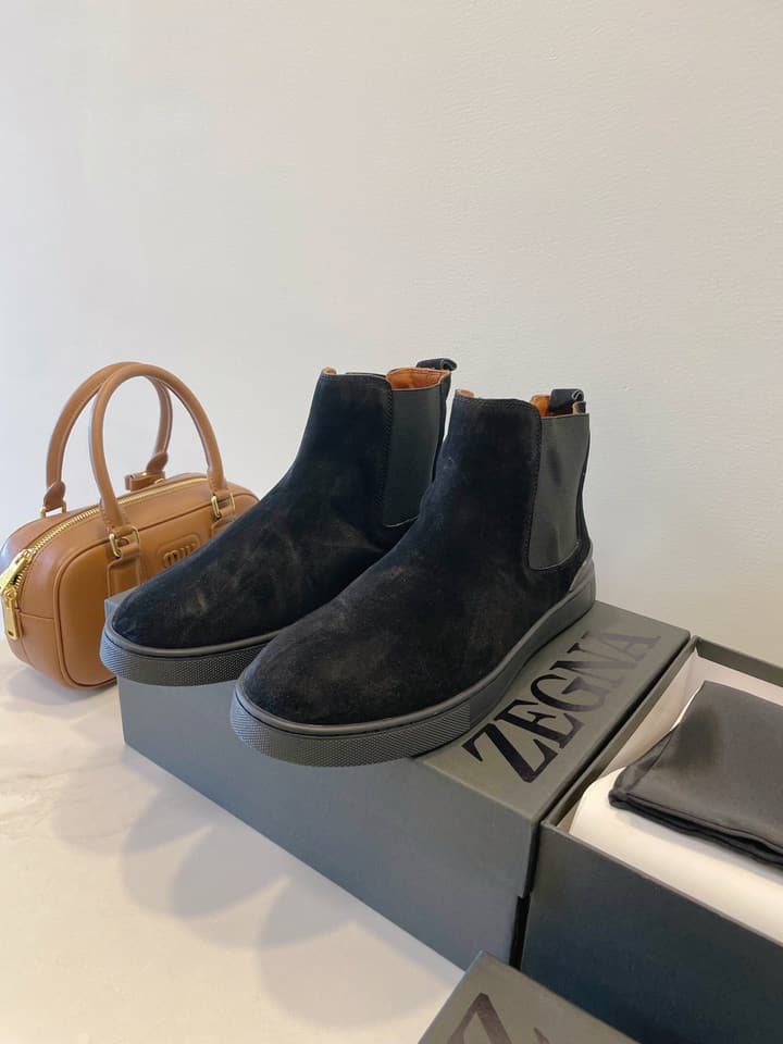 Zegna COUTURE Triple Stitch Leather Sneakers in Black Suede With Dark Sole