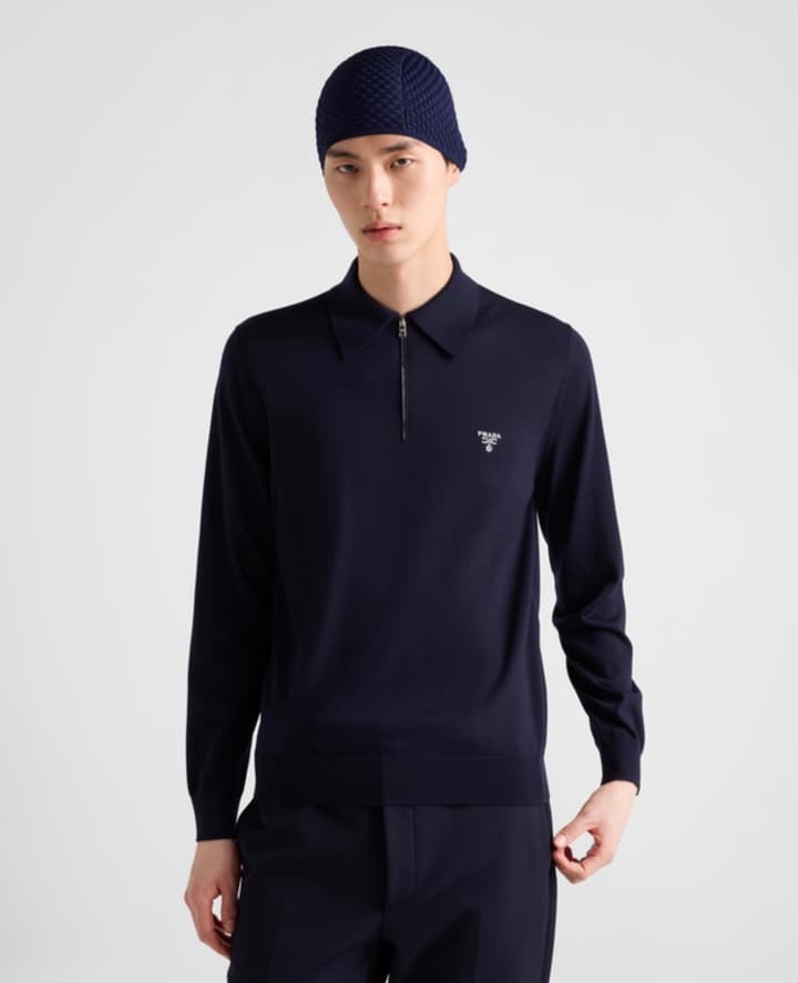 Prada Embroidered Zipper Long-Sleeve Polo Shirt