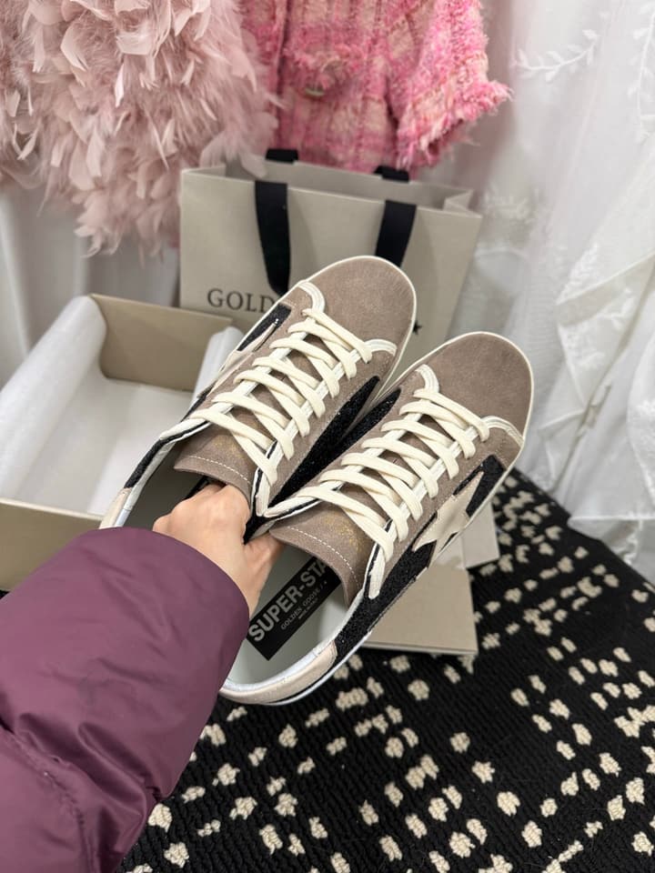 Golden Goose Super Star Rhinestone Leather Sneakers in Grey Suede Black Leather White Star
