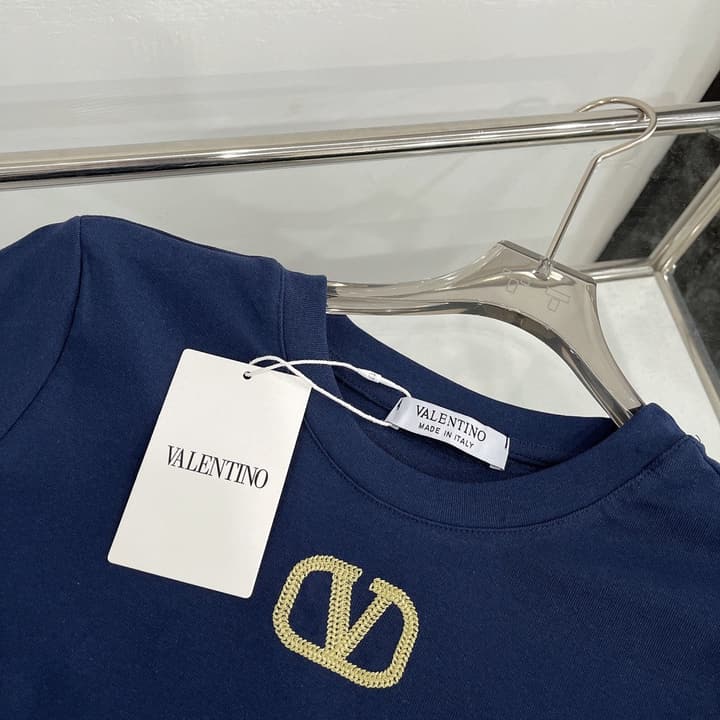 Valentino V-Logo Gold Thread Embroidery T-Shirt in Blue