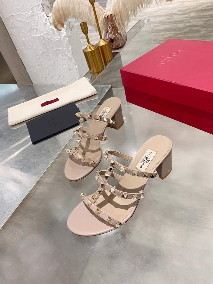 Valentino Rockstud Classic Block Heel Sandals in Nude With Gold Studs