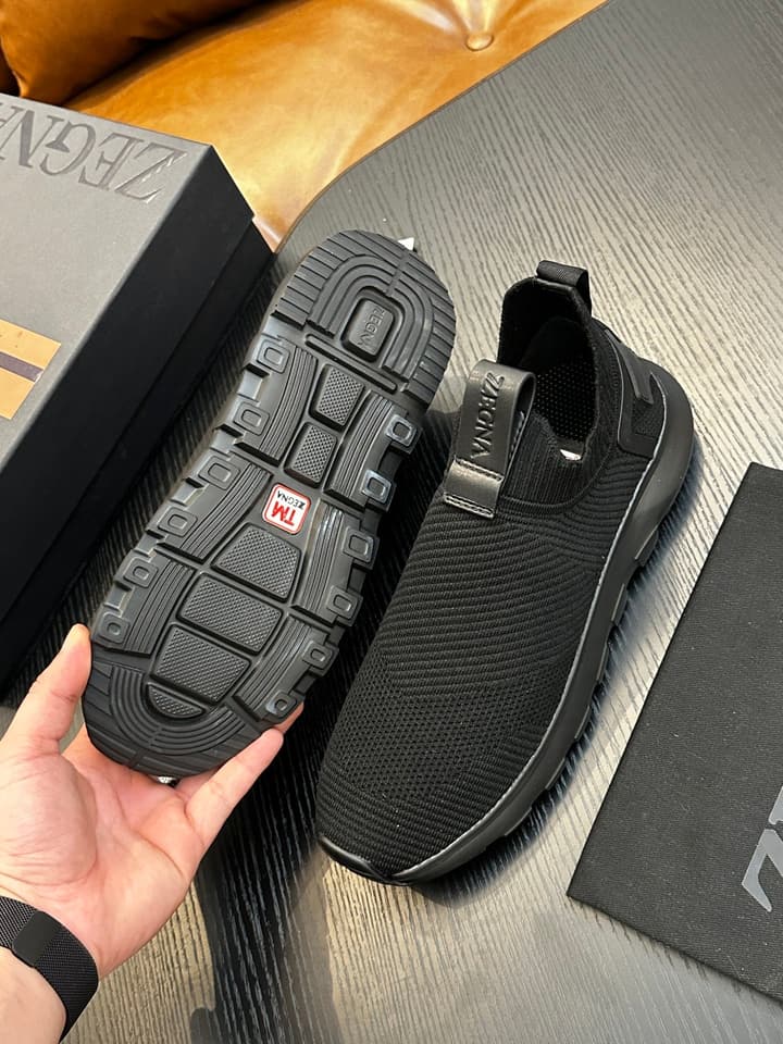 Zegna Techmerino Slip-On Sneakers in Dark Navy With Green Accent