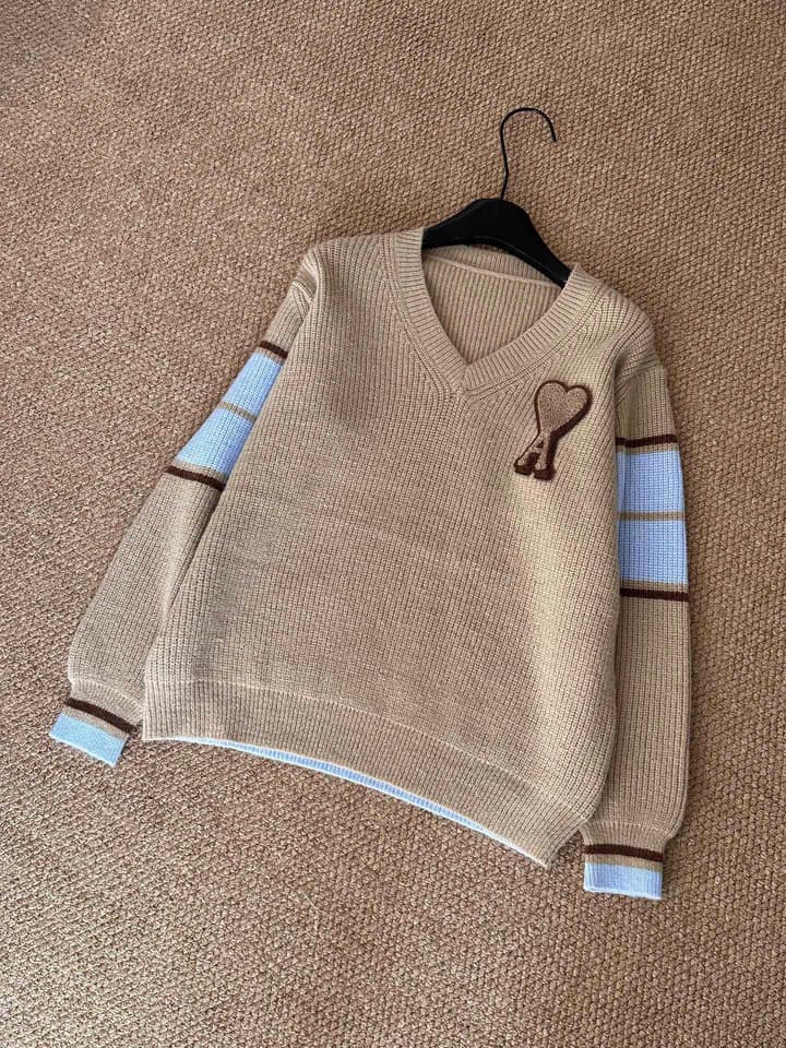 AMI Paris Warm Khaki V-Neck Sweater in Warm Khaki With Blue Color Block Sleeves